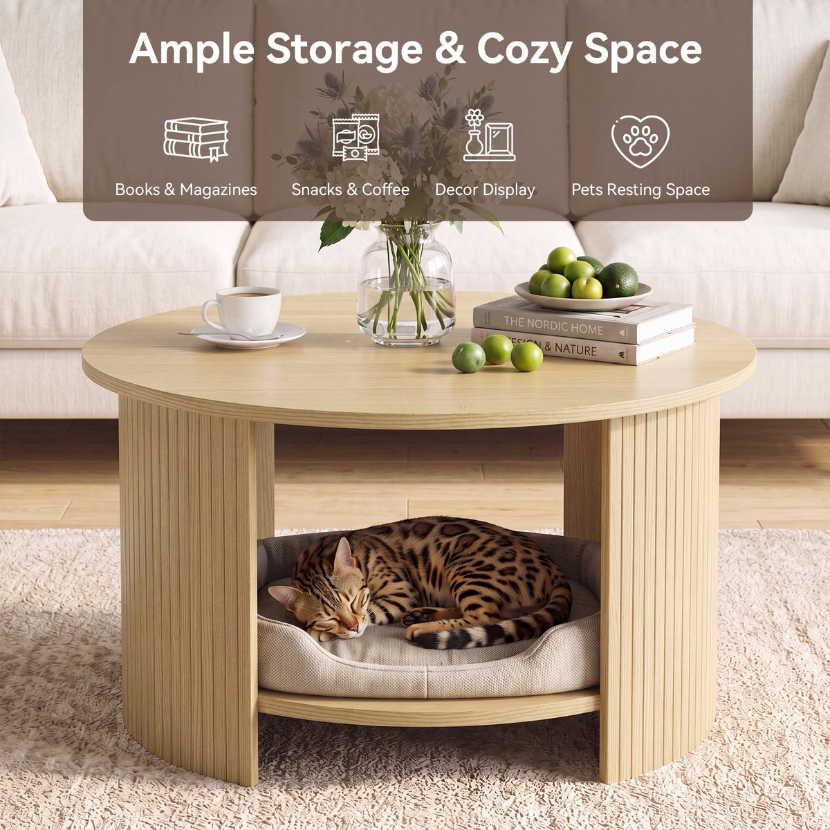 31.5" Round Wood Coffee Table with Storage K90409