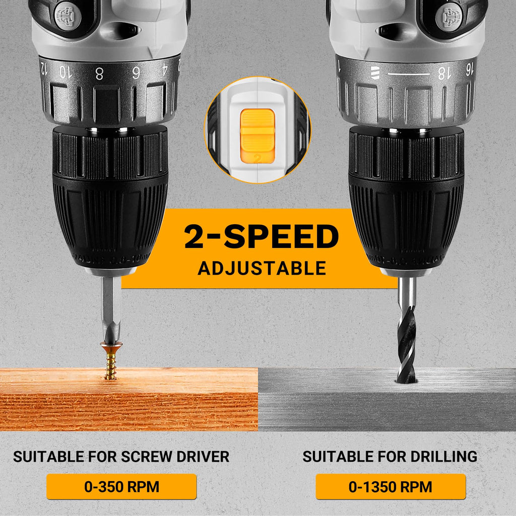 Cordless Power Drill 20V with 3/8-Inch Keyless Chuck, Variable Speed, 2 Batteries V8272