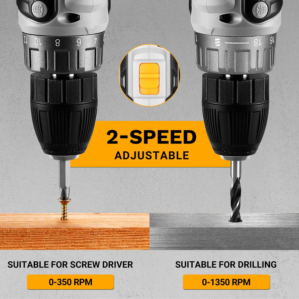 Cordless Power Drill 20V with 3/8-Inch Keyless Chuck, Variable Speed, 2 Batteries V8272