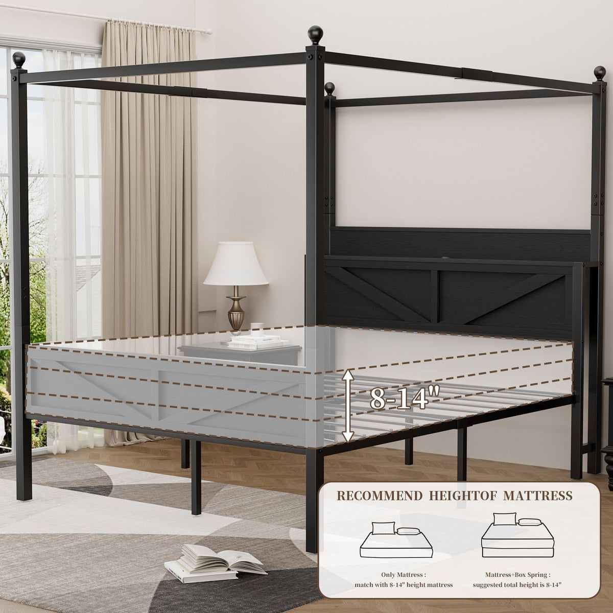 Queen Size Metal Canopy Bed Frame with Storage Headboard W267