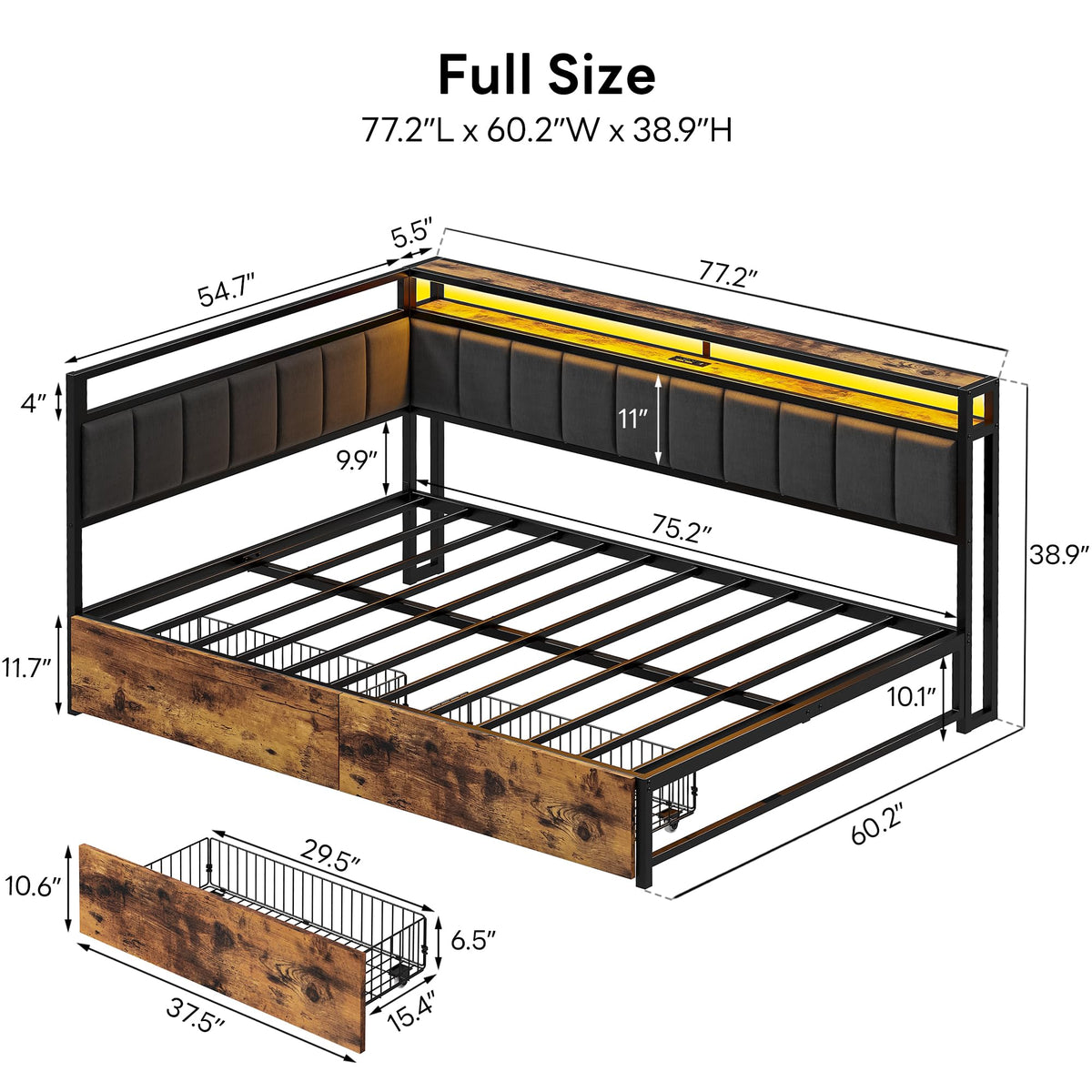 Full Corner Bed Frame with Storage Drawers, LED, Charging, Black S21518