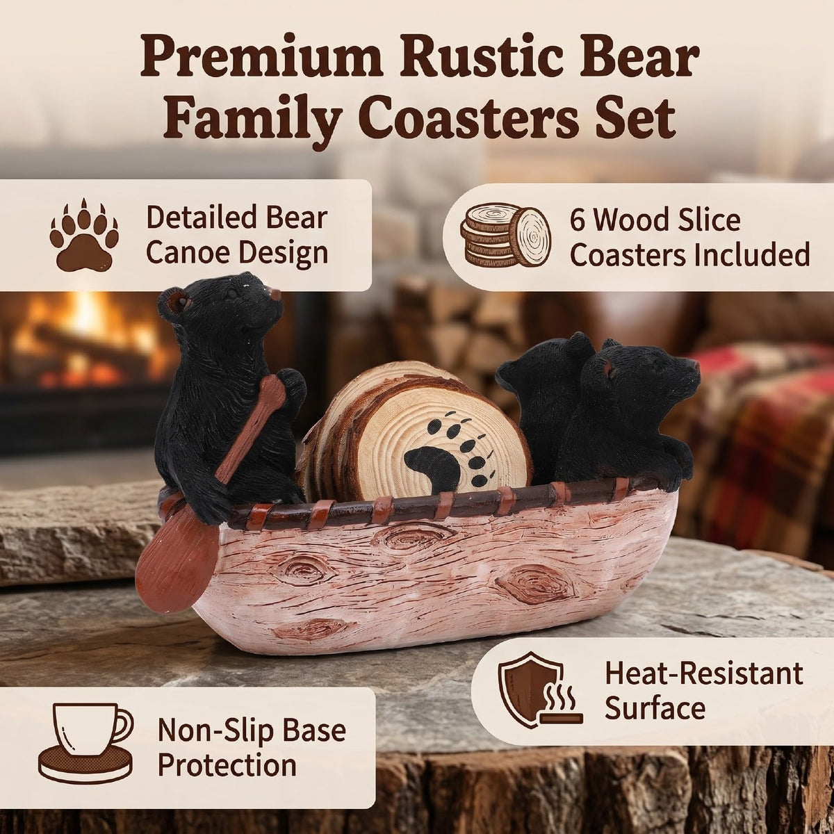 Black Bear Coaster Set with Canoe Holder S581