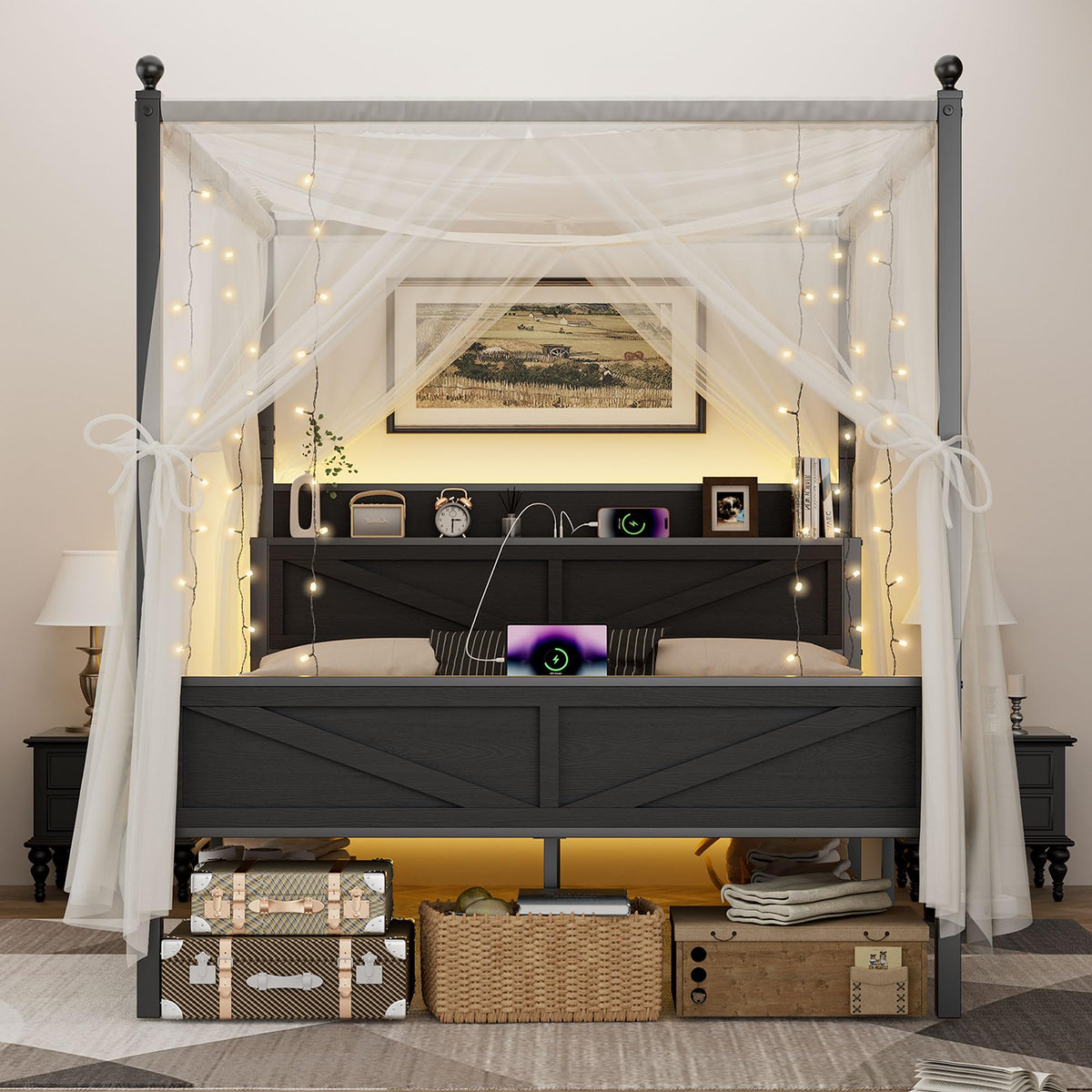 Queen Size Metal Canopy Bed Frame with Storage Headboard W267