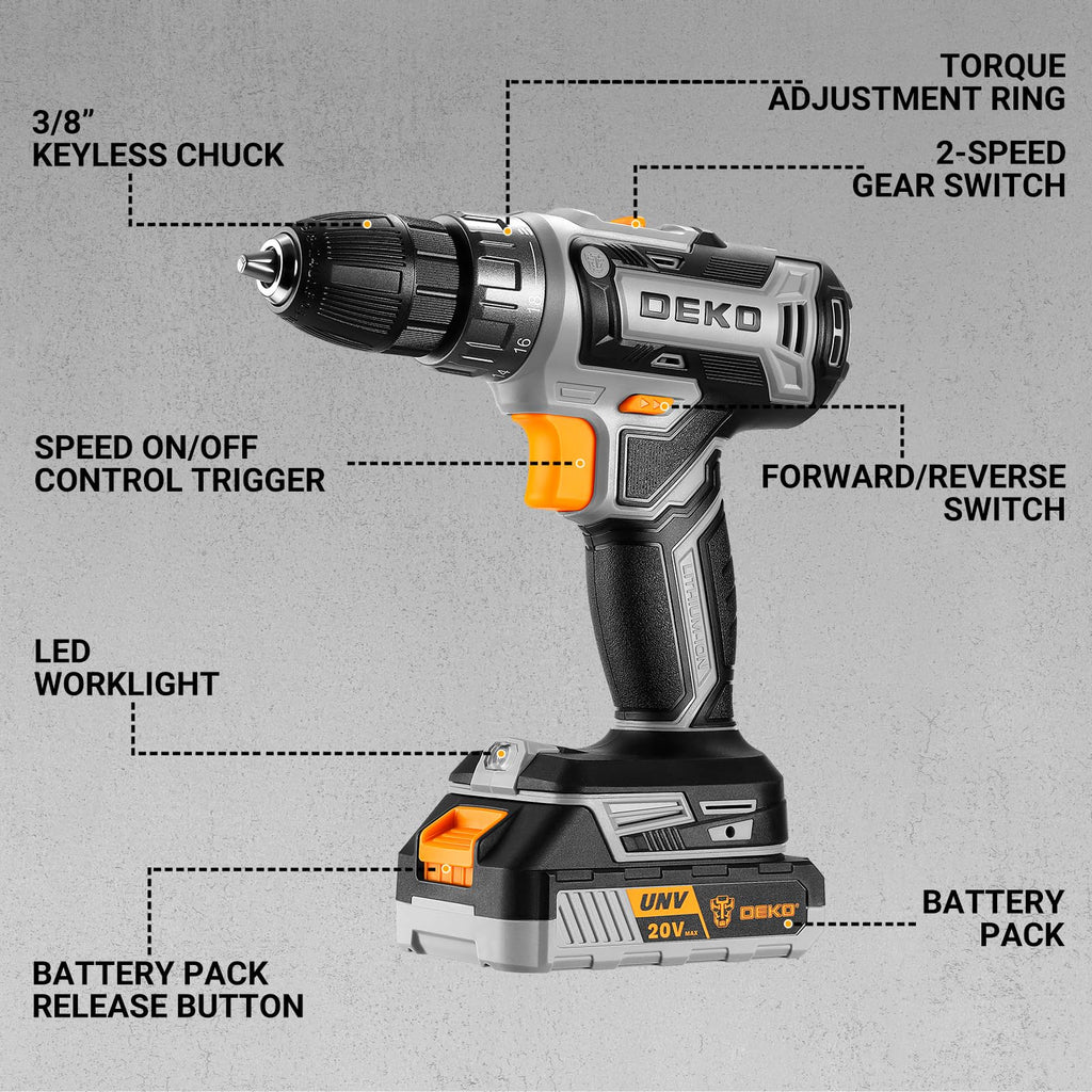 Cordless Power Drill 20V with 3/8-Inch Keyless Chuck, Variable Speed, 2 Batteries V8272