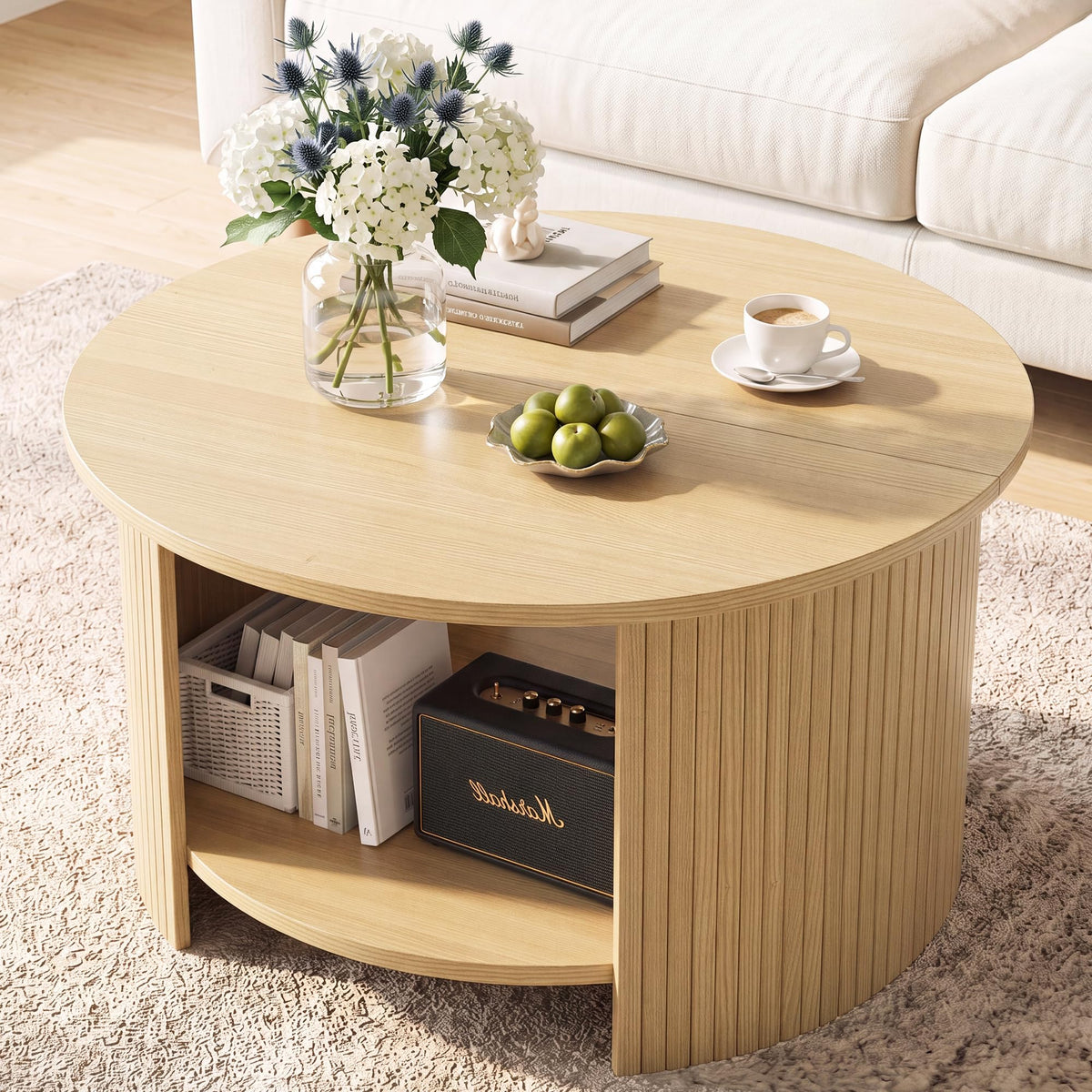 31.5" Round Wood Coffee Table with Storage K90409