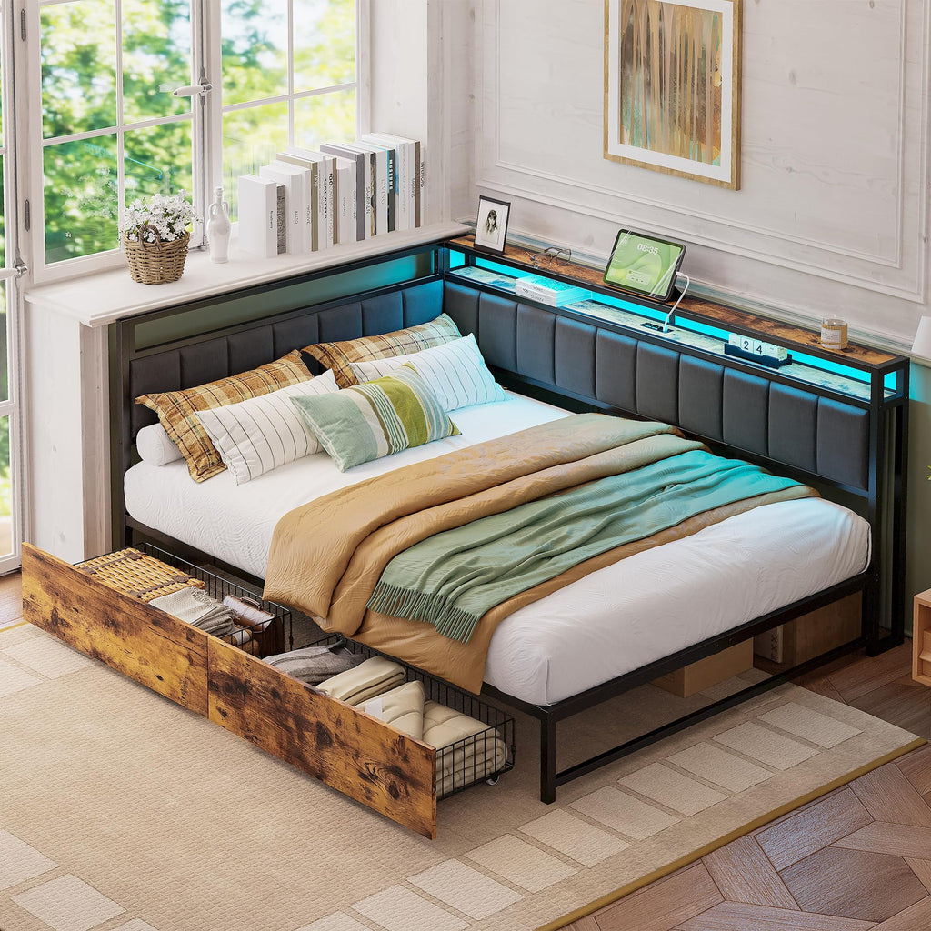 Full Corner Bed Frame with Storage Drawers, LED, Charging, Black S21518