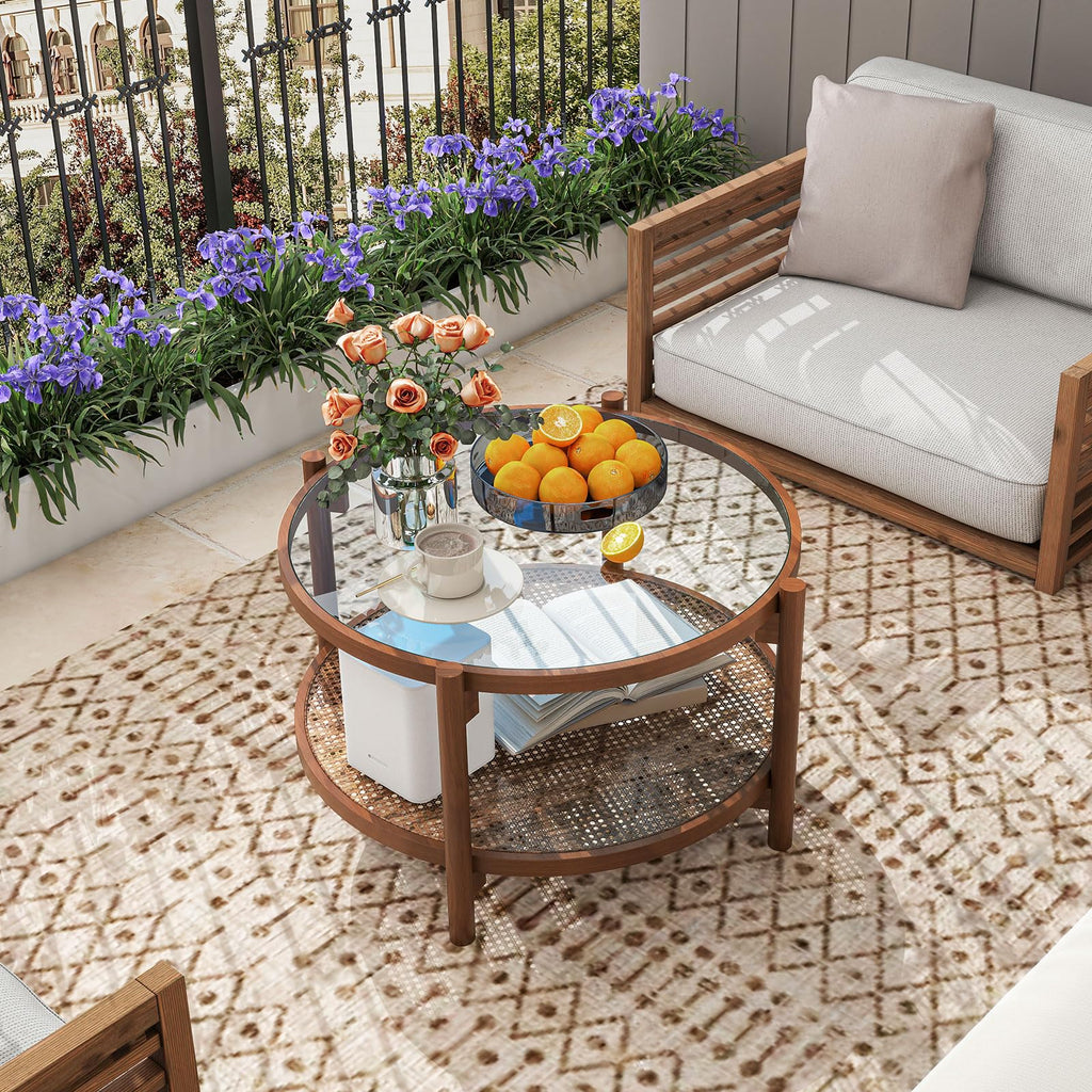 Rattan Round Glass Coffee Table with Storage Shelf X2675
