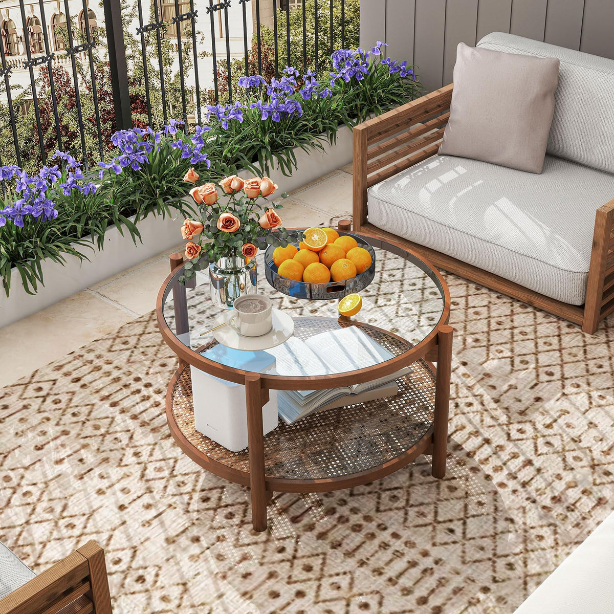 Rattan Round Glass Coffee Table with Storage Shelf X2675