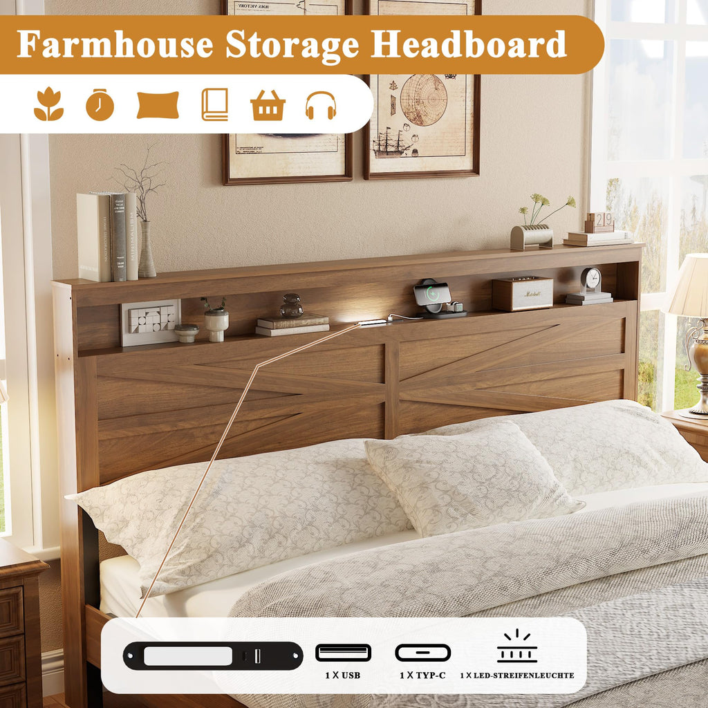 King Size Farmhouse Wooden Bed Frame with Storage Headboard V81302