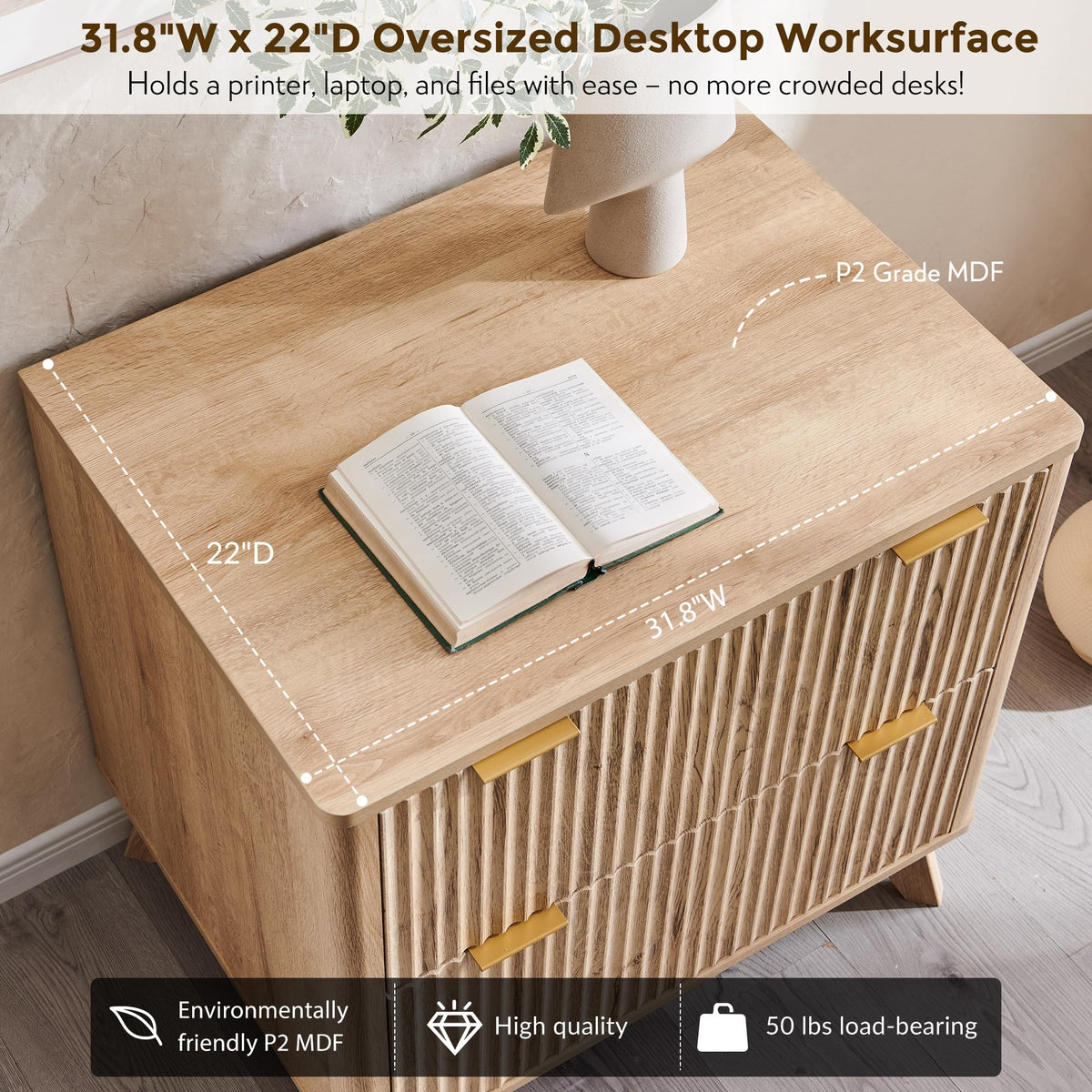 31.8-Inch Fluted 2 Drawer Lateral File Cabinet S340