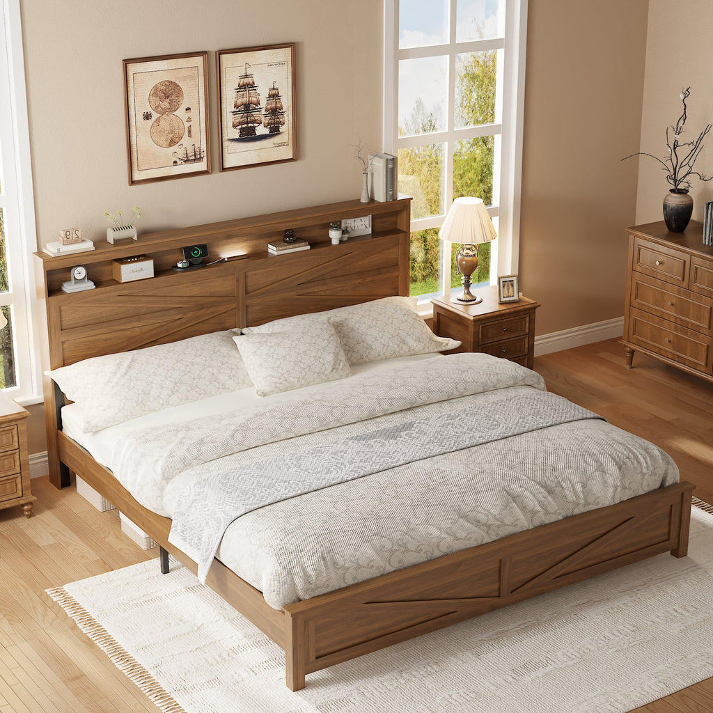 King Size Farmhouse Wooden Bed Frame with Storage Headboard V81302