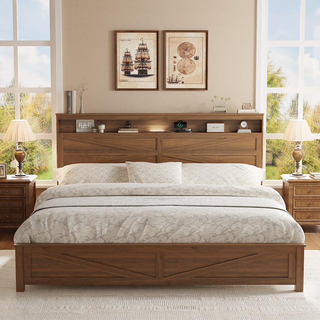 King Size Farmhouse Wooden Bed Frame with Storage Headboard V81302