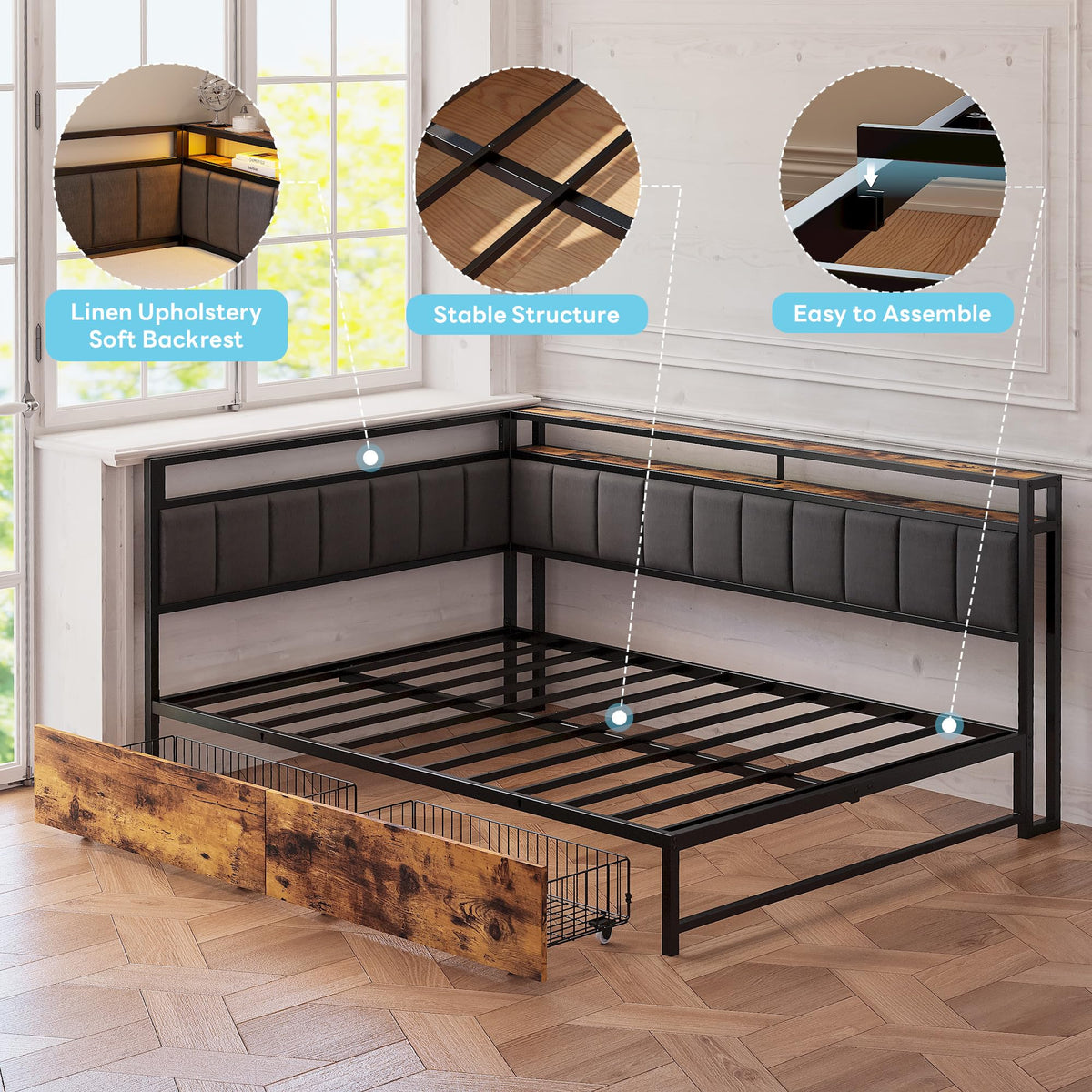Full Corner Bed Frame with Storage Drawers, LED, Charging, Black S21518