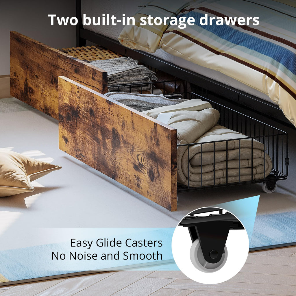 Full Corner Bed Frame with Storage Drawers, LED, Charging, Black S21518