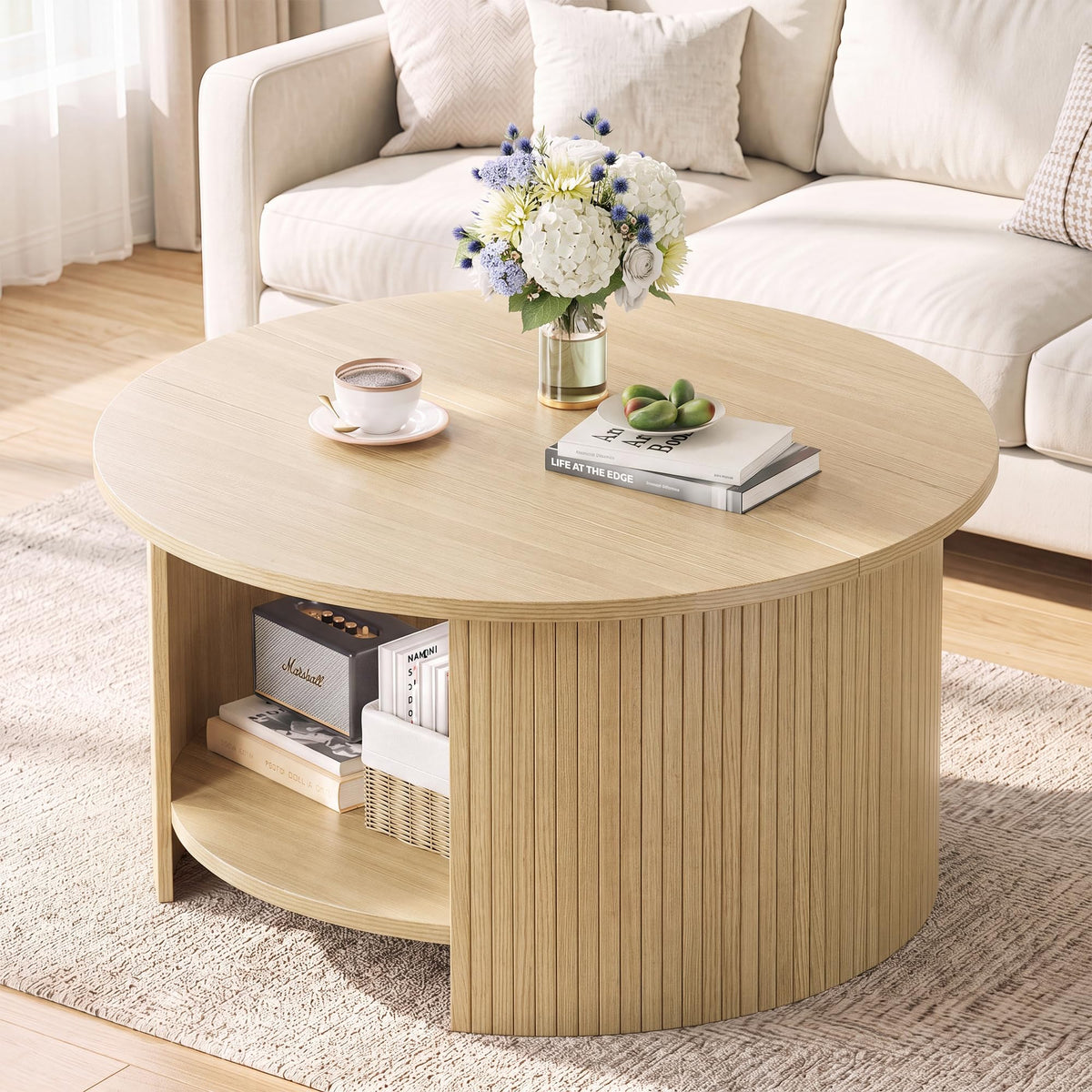 31.5" Round Wood Coffee Table with Storage K90409