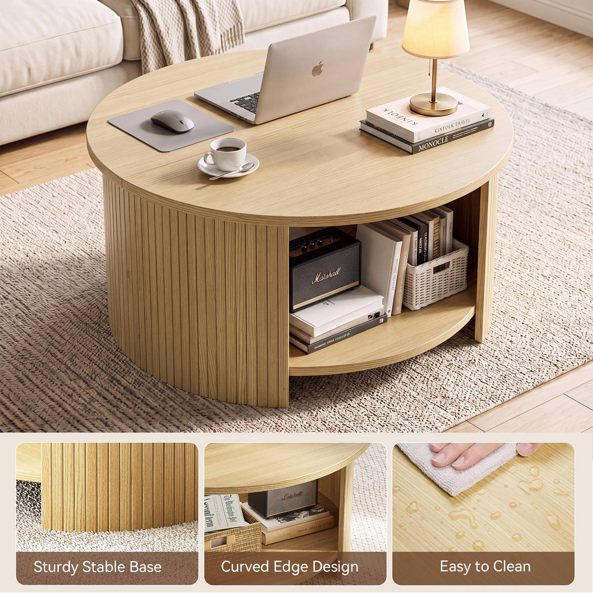 31.5" Round Wood Coffee Table with Storage K90409