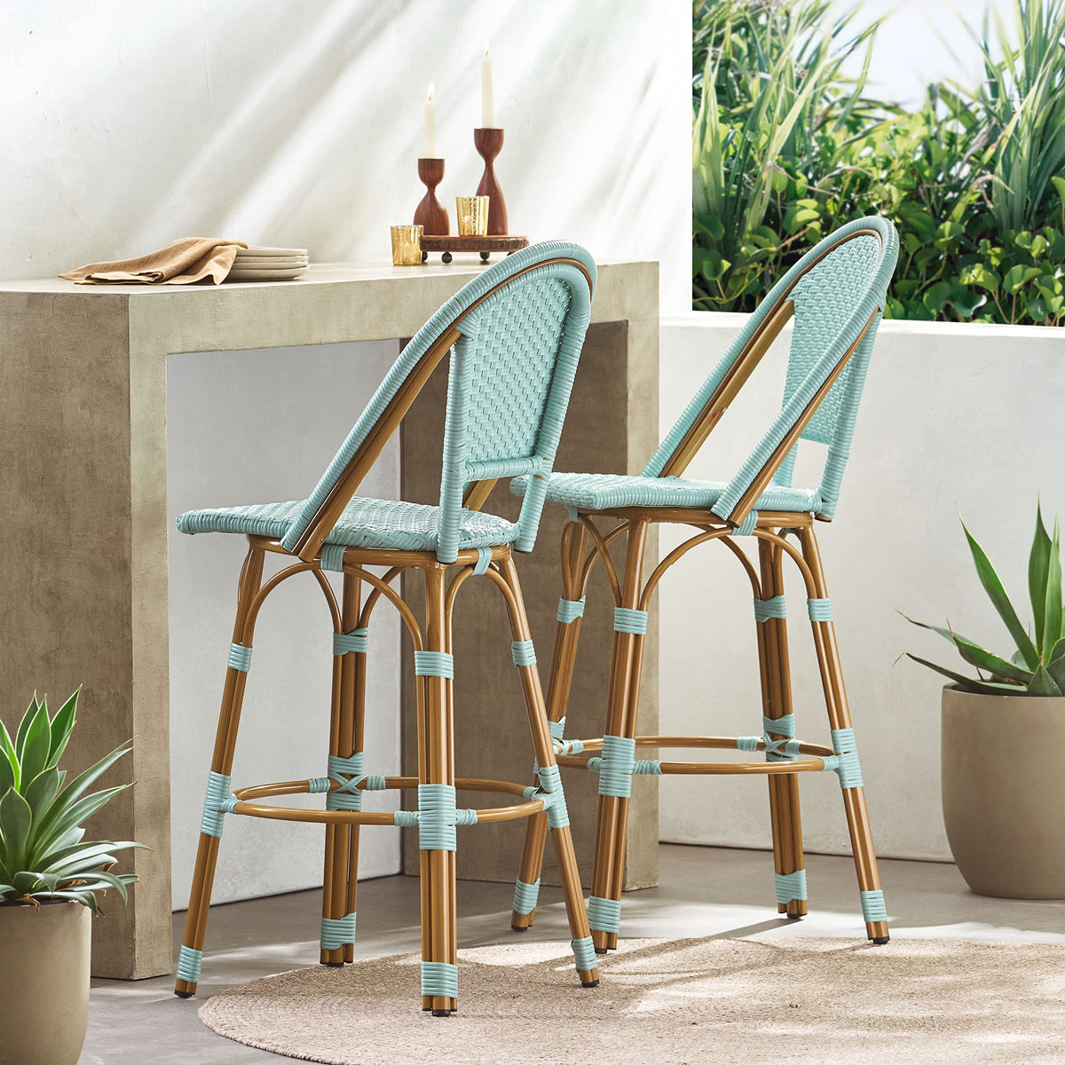 Light Teal PE Rattan Aluminum Bar Stools Set of 2 X110158